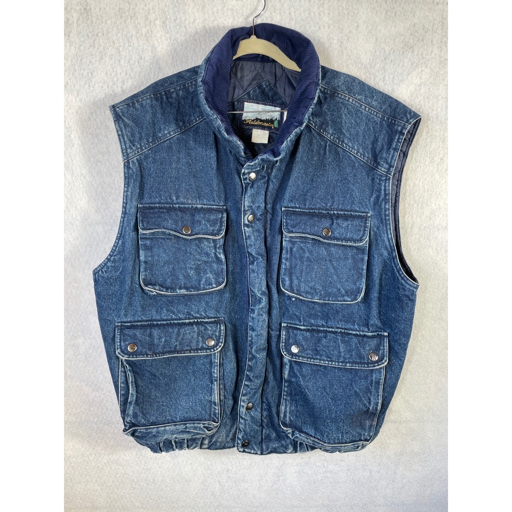 Vintage Fieldmaster Men XL Denim Cargo Vest Quilted Lined Corduroy Collar Blue